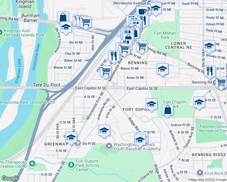 map of restaurants, bars, coffee shops, grocery stores, and more near 3 Anacostia Road Southeast in Washington