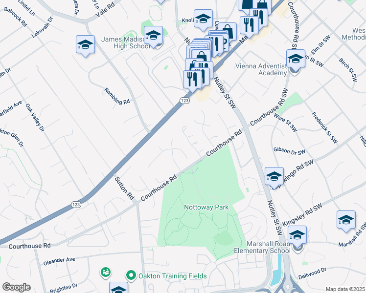 map of restaurants, bars, coffee shops, grocery stores, and more near 9540 Whitecedar Court in Vienna