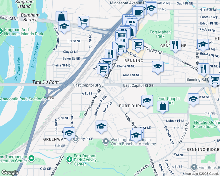 map of restaurants, bars, coffee shops, grocery stores, and more near 3 Anacostia Road Southeast in Washington