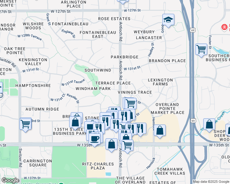 map of restaurants, bars, coffee shops, grocery stores, and more near 8709 West 131st Place in Overland Park