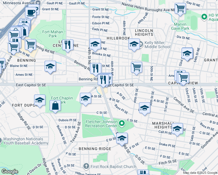 map of restaurants, bars, coffee shops, grocery stores, and more near 5 46th Street Southeast in Washington