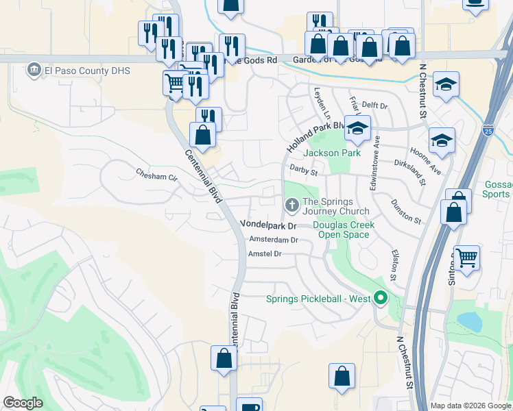 map of restaurants, bars, coffee shops, grocery stores, and more near 4015 Stonedike Drive in Colorado Springs