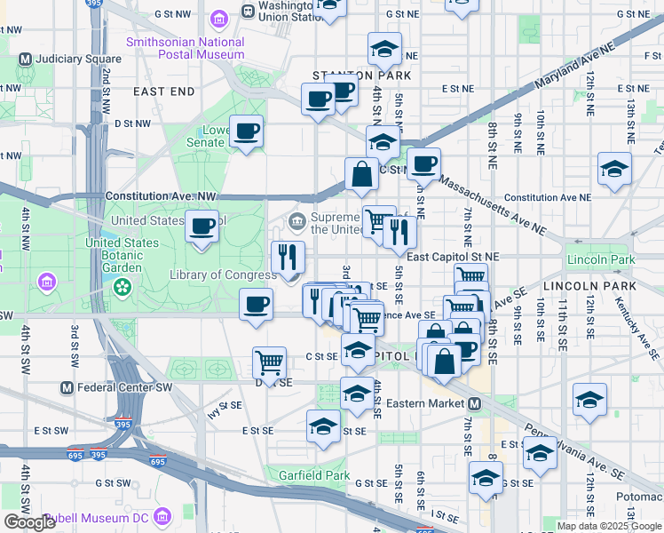 map of restaurants, bars, coffee shops, grocery stores, and more near 201 East Capitol Street Southeast in Washington