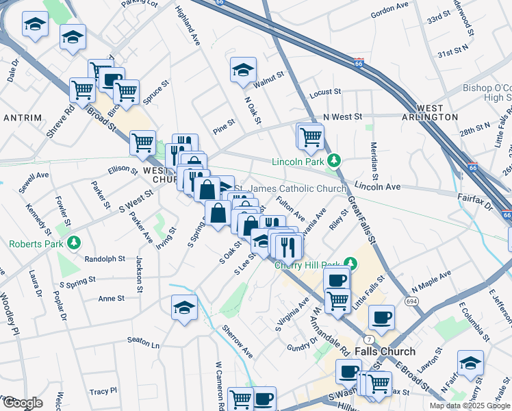 map of restaurants, bars, coffee shops, grocery stores, and more near 203 North Oak Street in Falls Church