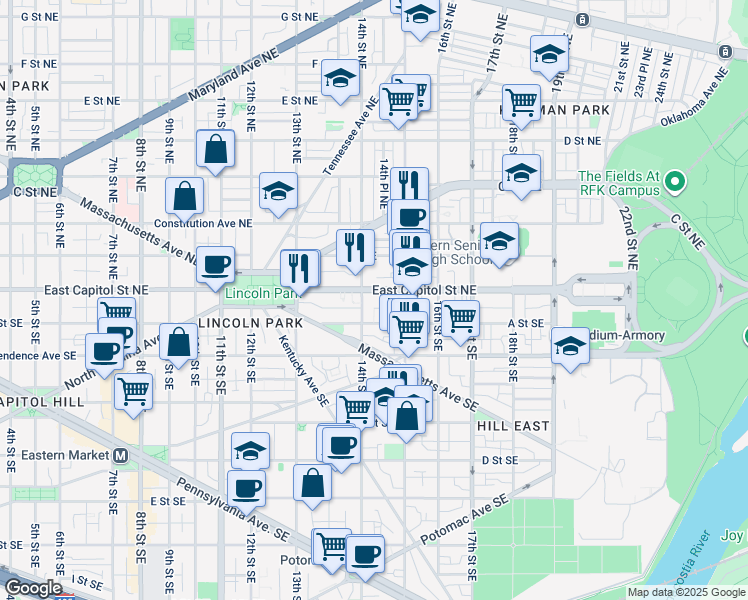 map of restaurants, bars, coffee shops, grocery stores, and more near 1413 East Capitol Street Southeast in Washington