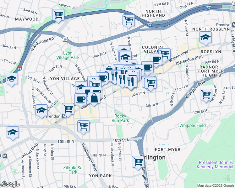map of restaurants, bars, coffee shops, grocery stores, and more near 2400 Clarendon Boulevard in Arlington