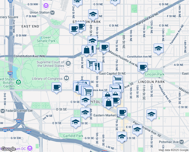 map of restaurants, bars, coffee shops, grocery stores, and more near 413 East Capitol Street Southeast in Washington