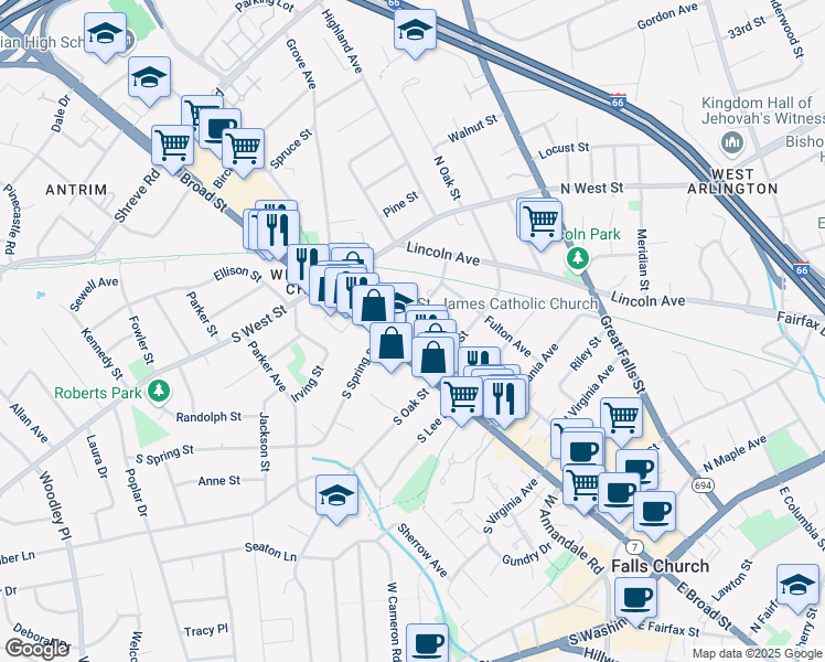 map of restaurants, bars, coffee shops, grocery stores, and more near 830 West Broad Street in Falls Church