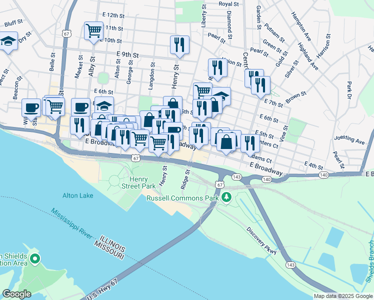 map of restaurants, bars, coffee shops, grocery stores, and more near 639 East Broadway in Alton
