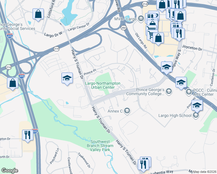 map of restaurants, bars, coffee shops, grocery stores, and more near 10100 Campus Way South in Largo
