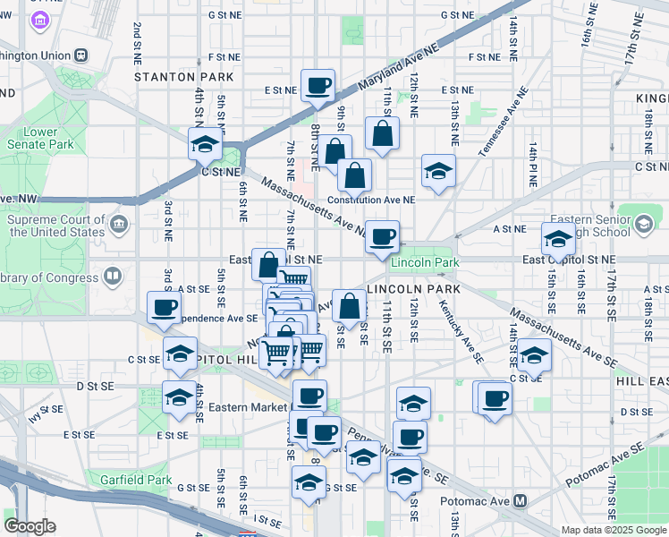 map of restaurants, bars, coffee shops, grocery stores, and more near 819 East Capitol Street Southeast in Washington