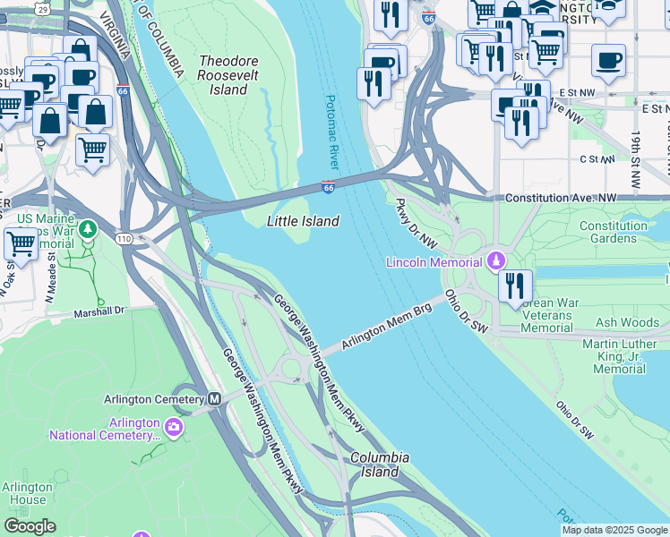 map of restaurants, bars, coffee shops, grocery stores, and more near in Washington