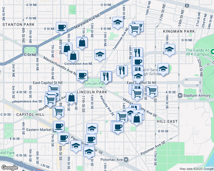 map of restaurants, bars, coffee shops, grocery stores, and more near 101 Independence Avenue Southeast in Washington