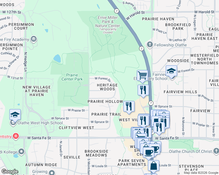 map of restaurants, bars, coffee shops, grocery stores, and more near 1442 West Mulberry Street in Olathe
