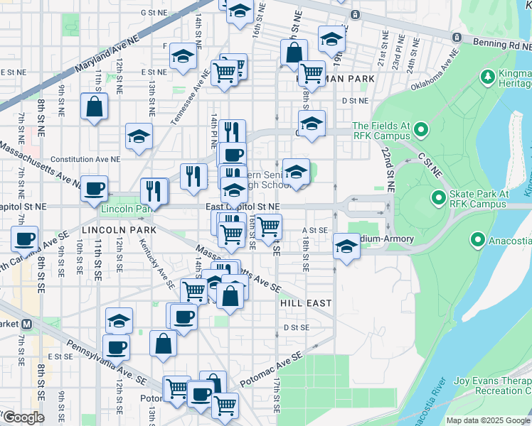 map of restaurants, bars, coffee shops, grocery stores, and more near 1621 East Capitol Street Southeast in Washington