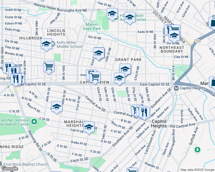 map of restaurants, bars, coffee shops, grocery stores, and more near 5409 East Capitol Street Southeast in Washington