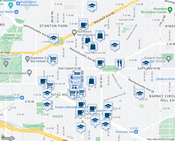 map of restaurants, bars, coffee shops, grocery stores, and more near 819 East Capitol Street Southeast in Washington