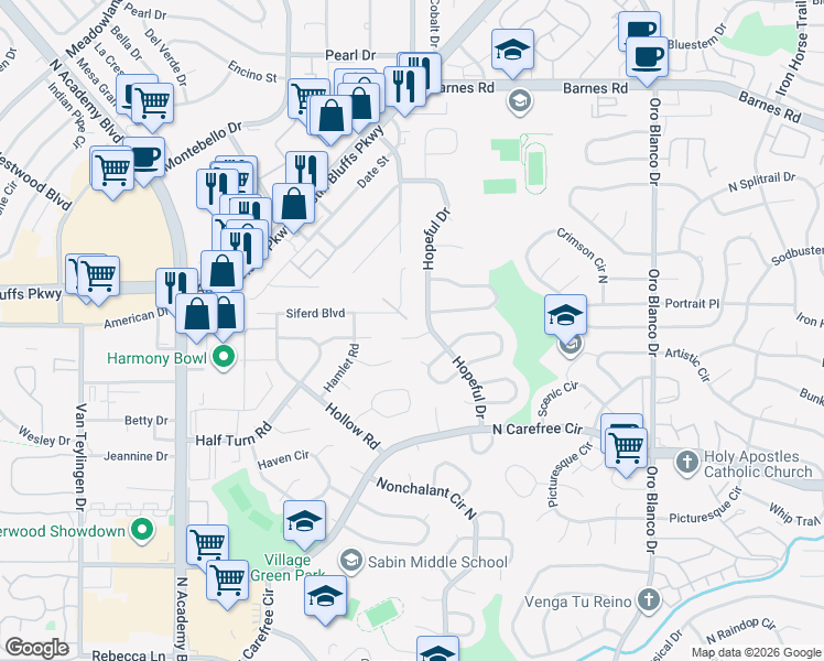 map of restaurants, bars, coffee shops, grocery stores, and more near 4247 Amiable Way in Colorado Springs