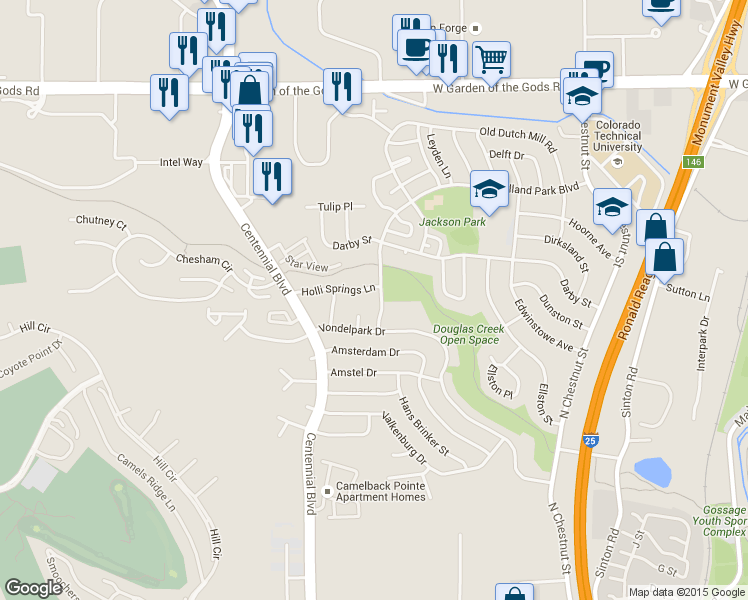 map of restaurants, bars, coffee shops, grocery stores, and more near 3945 Vondelpark Place in Colorado Springs