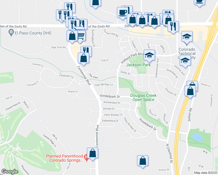 map of restaurants, bars, coffee shops, grocery stores, and more near 3945 Vondelpark Place in Colorado Springs