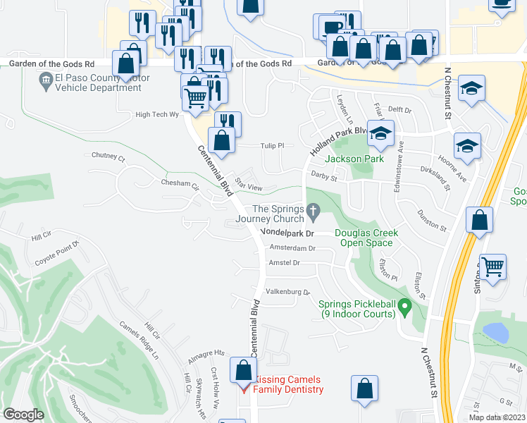 map of restaurants, bars, coffee shops, grocery stores, and more near 3950 Stonedike Drive in Colorado Springs