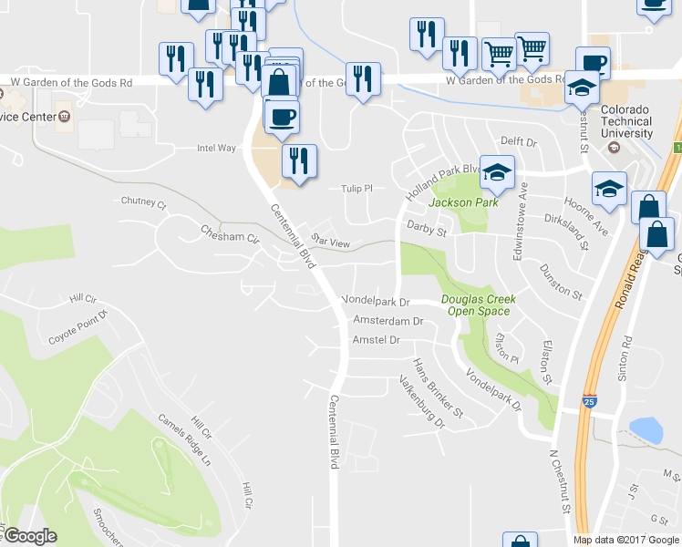 map of restaurants, bars, coffee shops, grocery stores, and more near 3950 Stonedike Drive in Colorado Springs