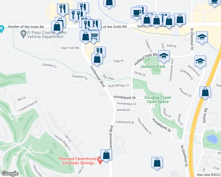map of restaurants, bars, coffee shops, grocery stores, and more near 3950 Stonedike Drive in Colorado Springs