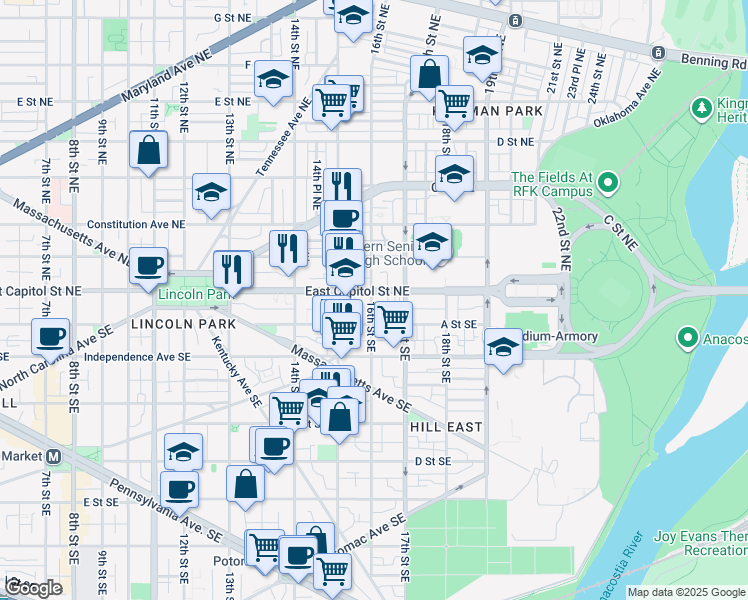 map of restaurants, bars, coffee shops, grocery stores, and more near 101 Independence Avenue Southeast in Washington