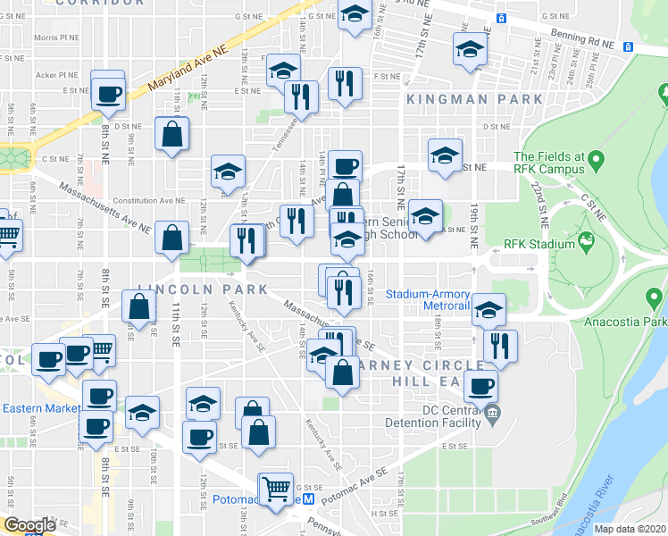 map of restaurants, bars, coffee shops, grocery stores, and more near 101 Independence Avenue Southeast in Washington