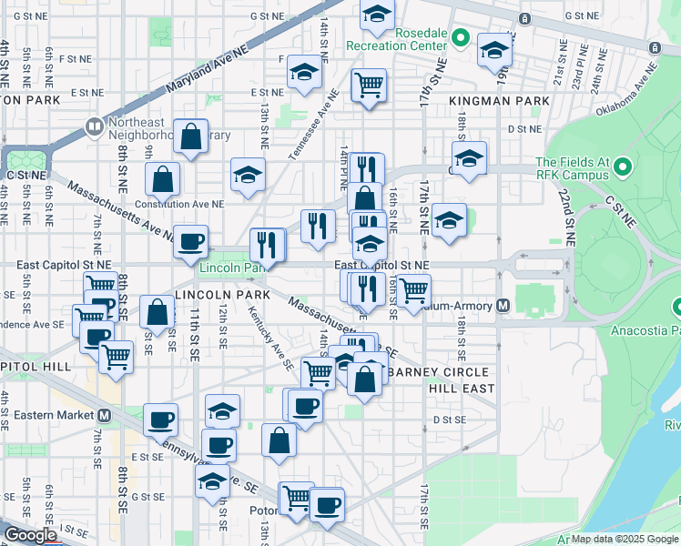 map of restaurants, bars, coffee shops, grocery stores, and more near 101 Independence Avenue Southeast in Washington