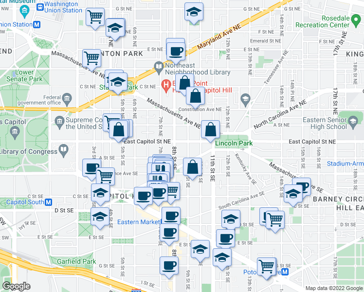 map of restaurants, bars, coffee shops, grocery stores, and more near 101 Independence Avenue Southeast in Washington