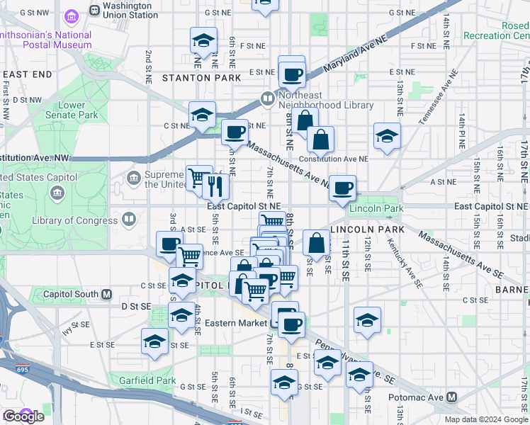 map of restaurants, bars, coffee shops, grocery stores, and more near 101 Independence Avenue Southeast in Washington