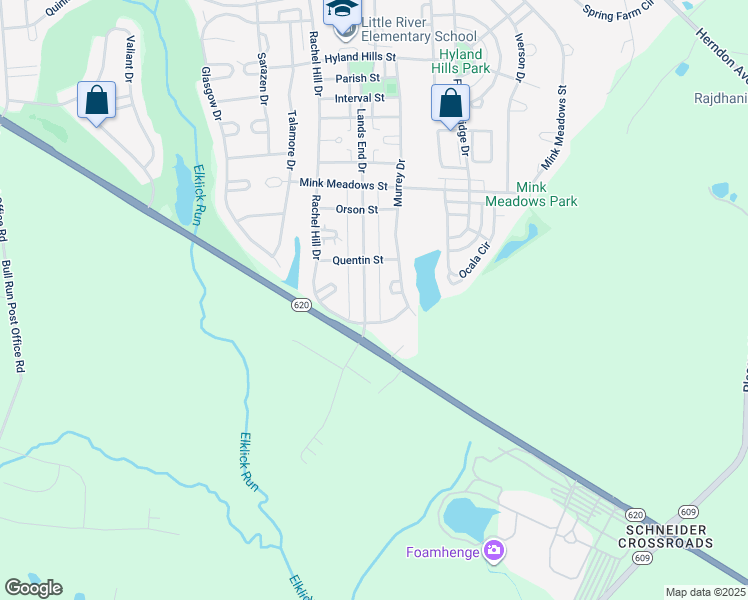 map of restaurants, bars, coffee shops, grocery stores, and more near 26220 Lands End Drive in Chantilly