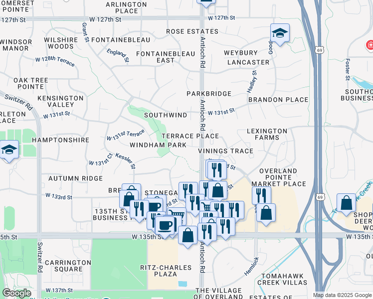 map of restaurants, bars, coffee shops, grocery stores, and more near 8709 West 131st Place in Overland Park
