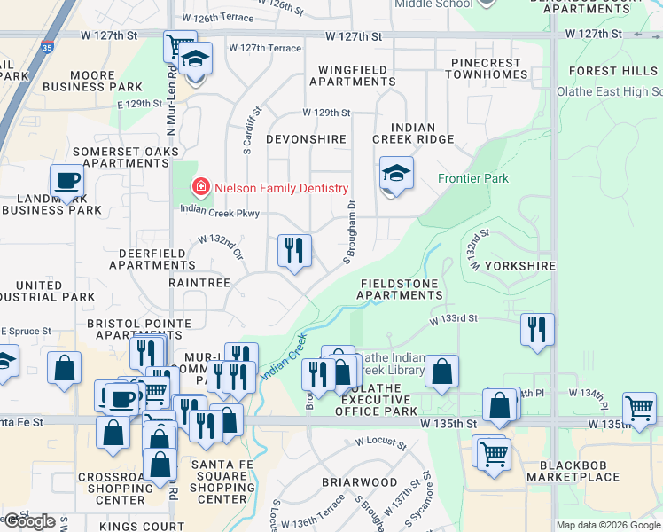 map of restaurants, bars, coffee shops, grocery stores, and more near 13139 South Brougham Drive in Olathe