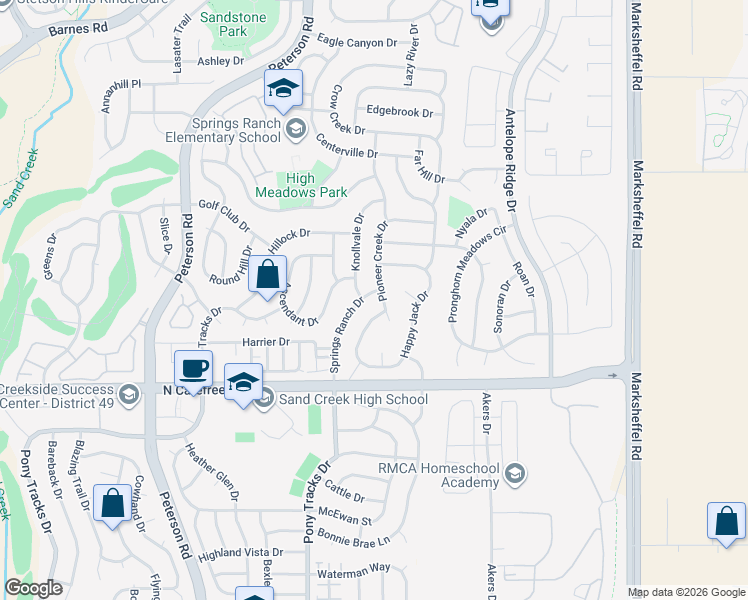 map of restaurants, bars, coffee shops, grocery stores, and more near 3820 Happy Jack Drive in Colorado Springs