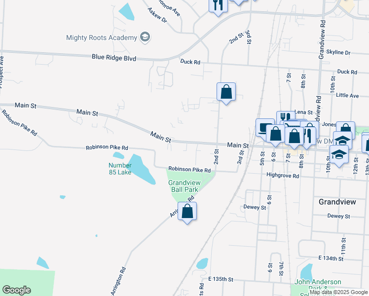 map of restaurants, bars, coffee shops, grocery stores, and more near 4005 Main Street in Grandview