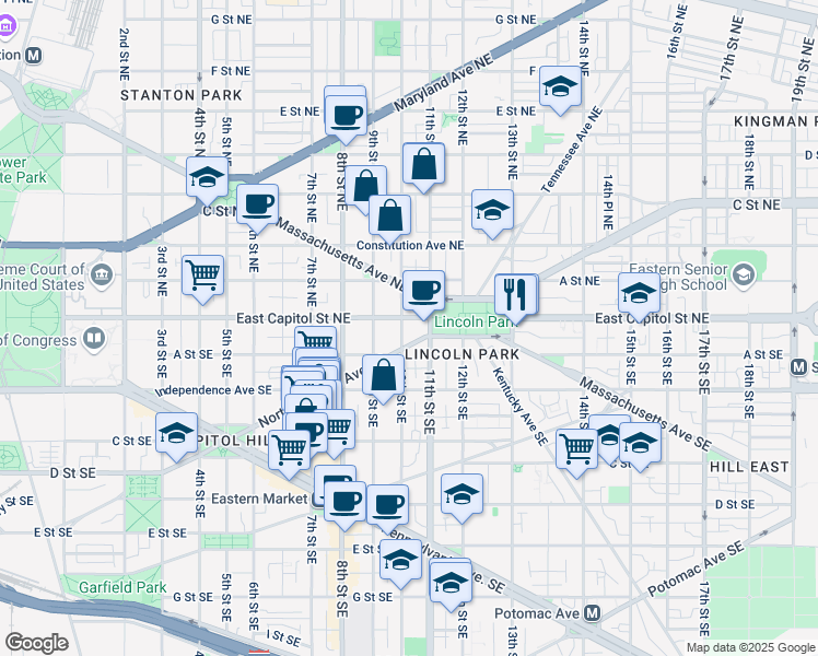 map of restaurants, bars, coffee shops, grocery stores, and more near 1005 East Capitol Street Southeast in Washington