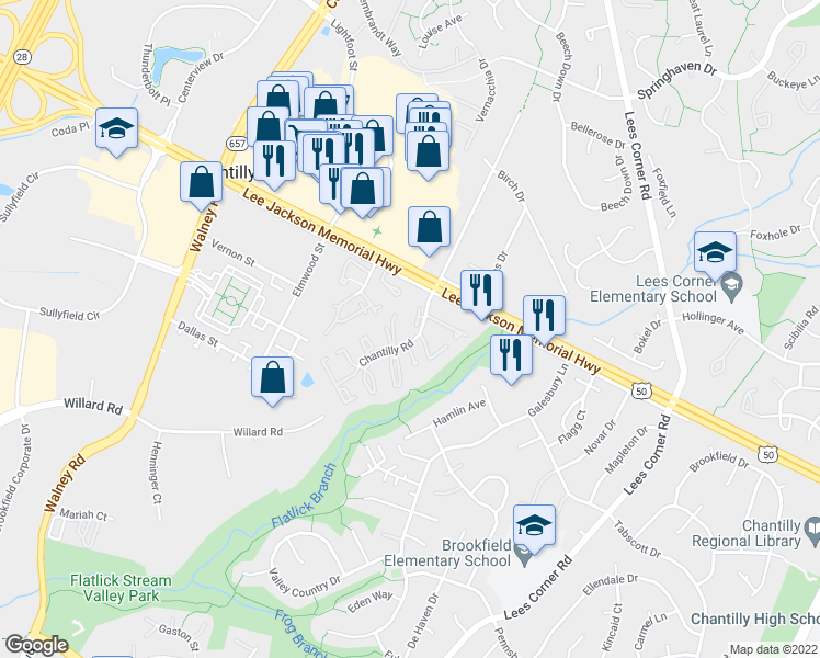 map of restaurants, bars, coffee shops, grocery stores, and more near 4052 Spring Run Court in Chantilly