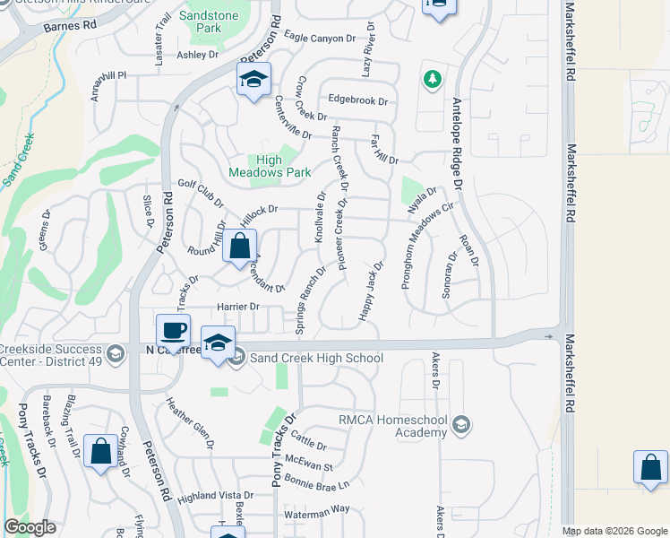 map of restaurants, bars, coffee shops, grocery stores, and more near 3915 Springs Ranch Drive in Colorado Springs