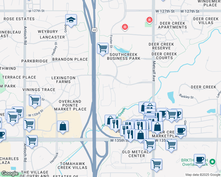 map of restaurants, bars, coffee shops, grocery stores, and more near 13220 Foster Street in Overland Park