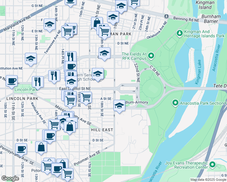 map of restaurants, bars, coffee shops, grocery stores, and more near 1835 East Capitol Street Southeast in Washington