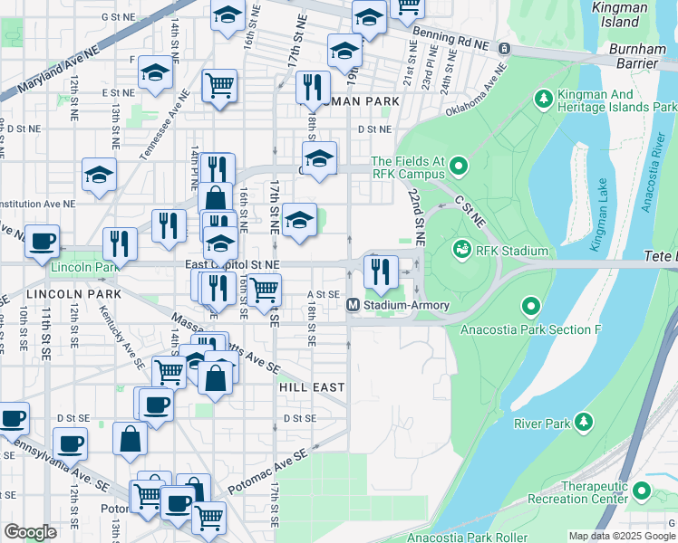 map of restaurants, bars, coffee shops, grocery stores, and more near 101 Independence Avenue Southeast in Washington