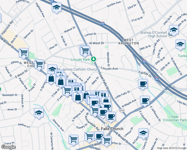 map of restaurants, bars, coffee shops, grocery stores, and more near 316 Pennsylvania Avenue in Falls Church