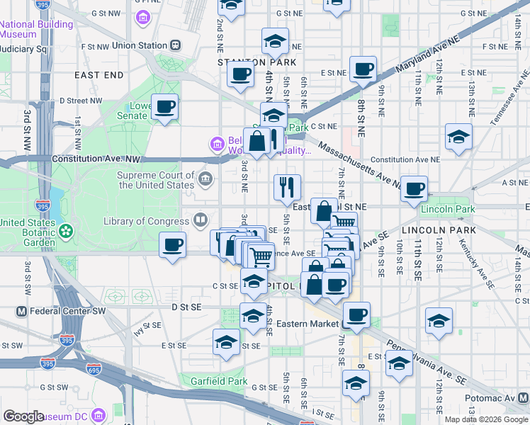 map of restaurants, bars, coffee shops, grocery stores, and more near 101 Independence Avenue Southeast in Washington