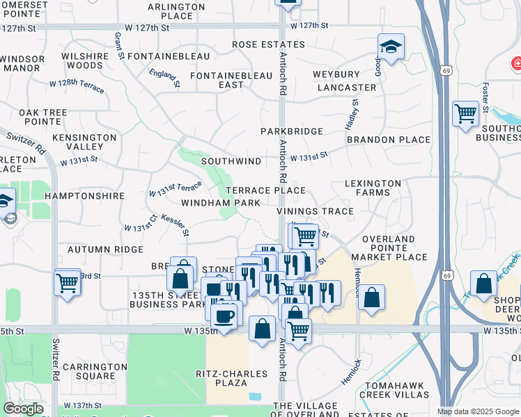map of restaurants, bars, coffee shops, grocery stores, and more near 8709 West 131st Place in Overland Park
