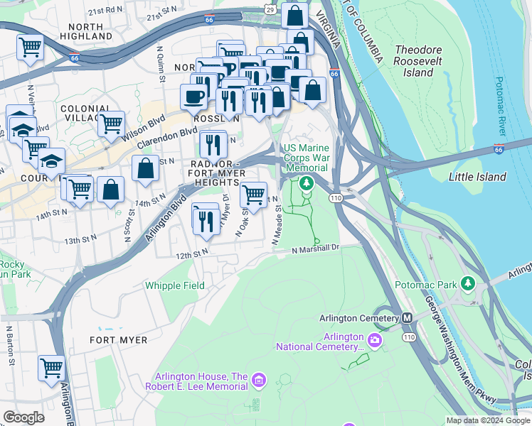 map of restaurants, bars, coffee shops, grocery stores, and more near 1300 North Meade Street in Arlington