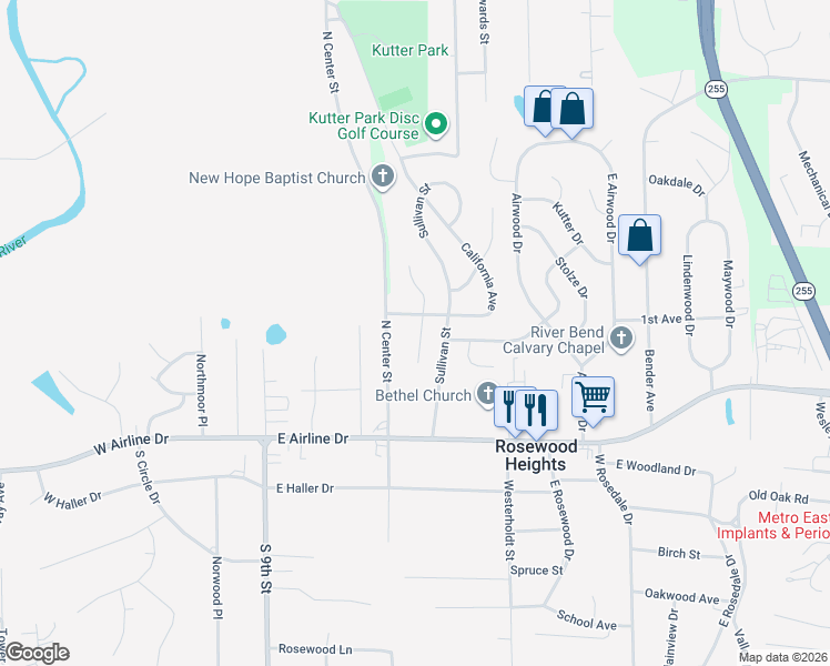 map of restaurants, bars, coffee shops, grocery stores, and more near 130 Reno Avenue in East Alton