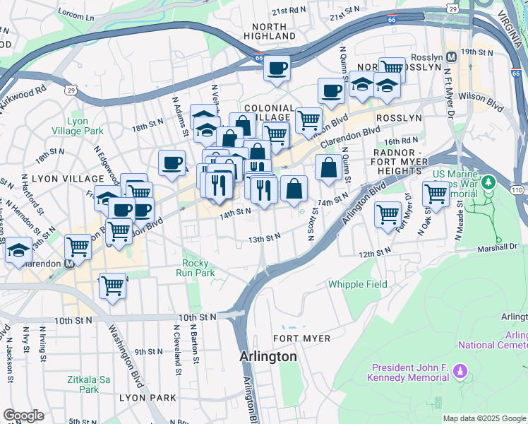 map of restaurants, bars, coffee shops, grocery stores, and more near 2020 14th Street North in Arlington