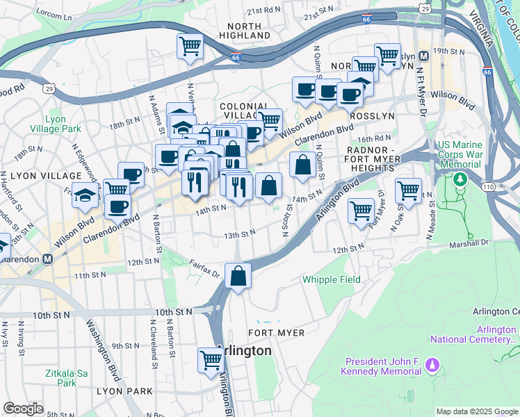 map of restaurants, bars, coffee shops, grocery stores, and more near 101 Independence Avenue Southeast in Washington